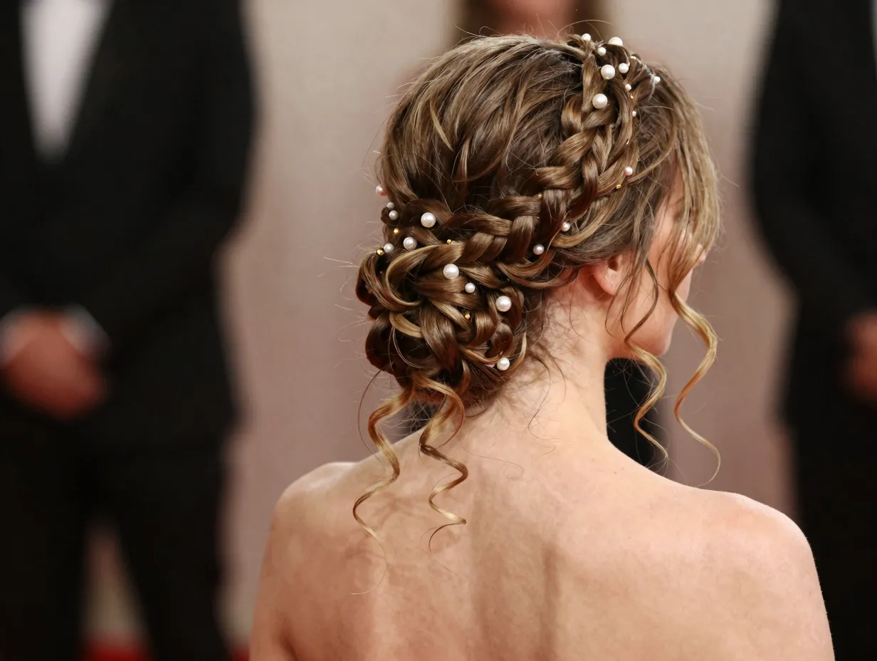 Braided crown updo with delicate curls and pearl pins on strapless gown