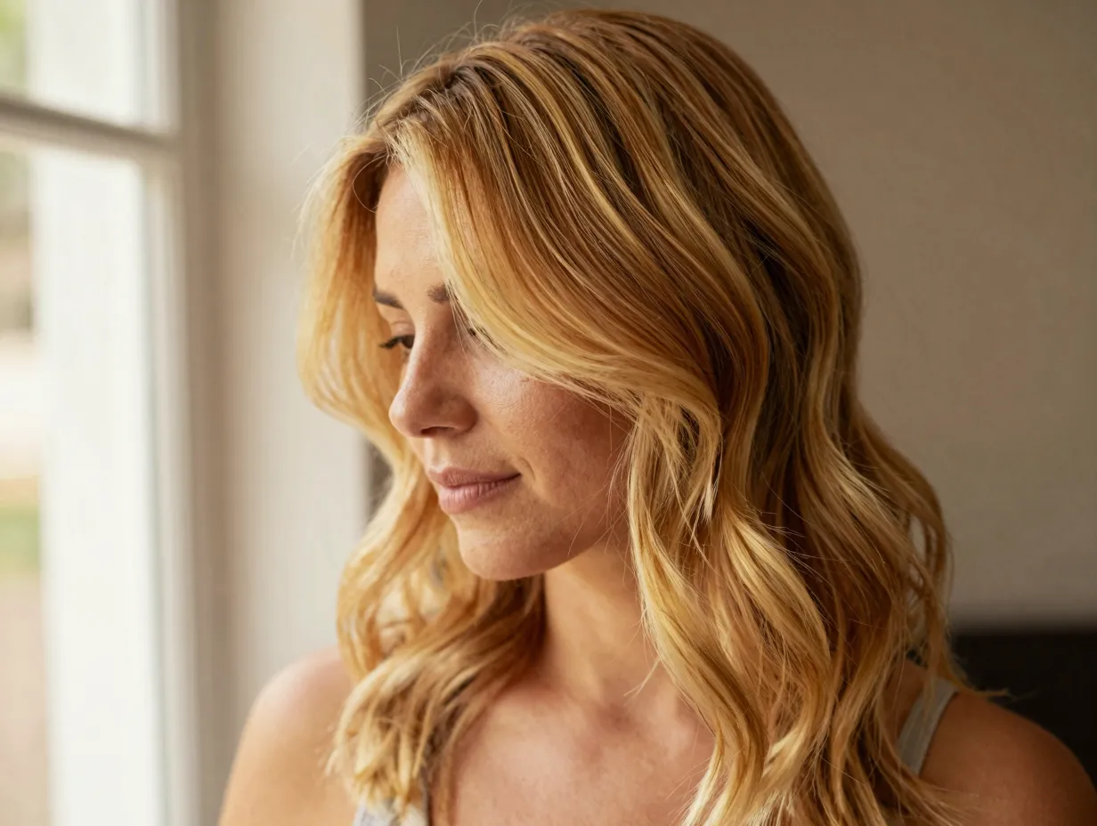 Honey blonde hair on warm olive skin with dimensional roots