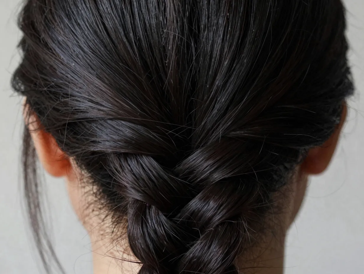 Intricate wide fishtail braid pancaked on thick textured hair