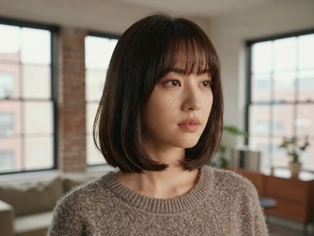 Woman with curtain bang lob hairstyle in stylish urban apartment