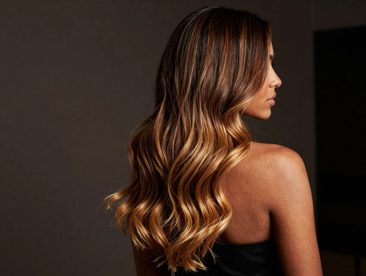 Caramel blonde balayage on deep warm skin with dark roots