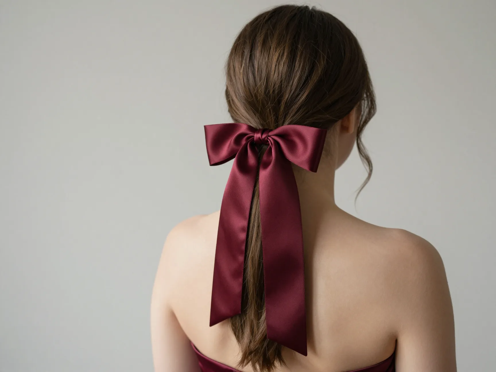 Classic low ponytail with satin ribbon bow on a line gown