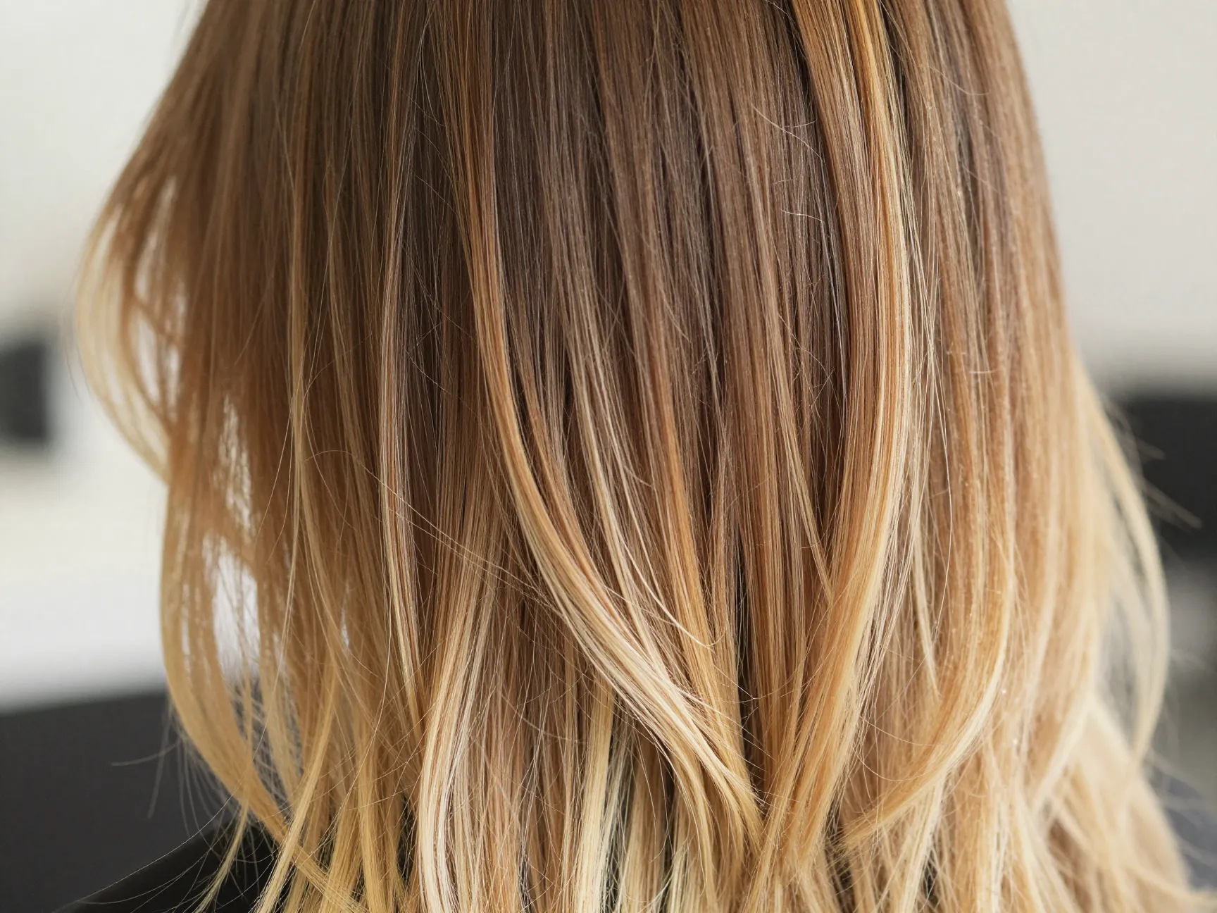 Dimensional brunette with multi tonal blonde ribbons layered effect
