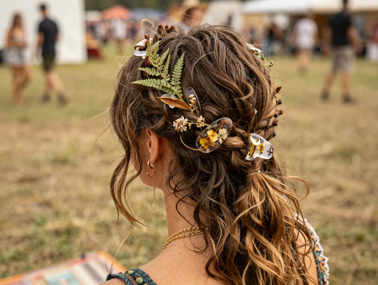 Pressed flower resin claw clip braided half up crown