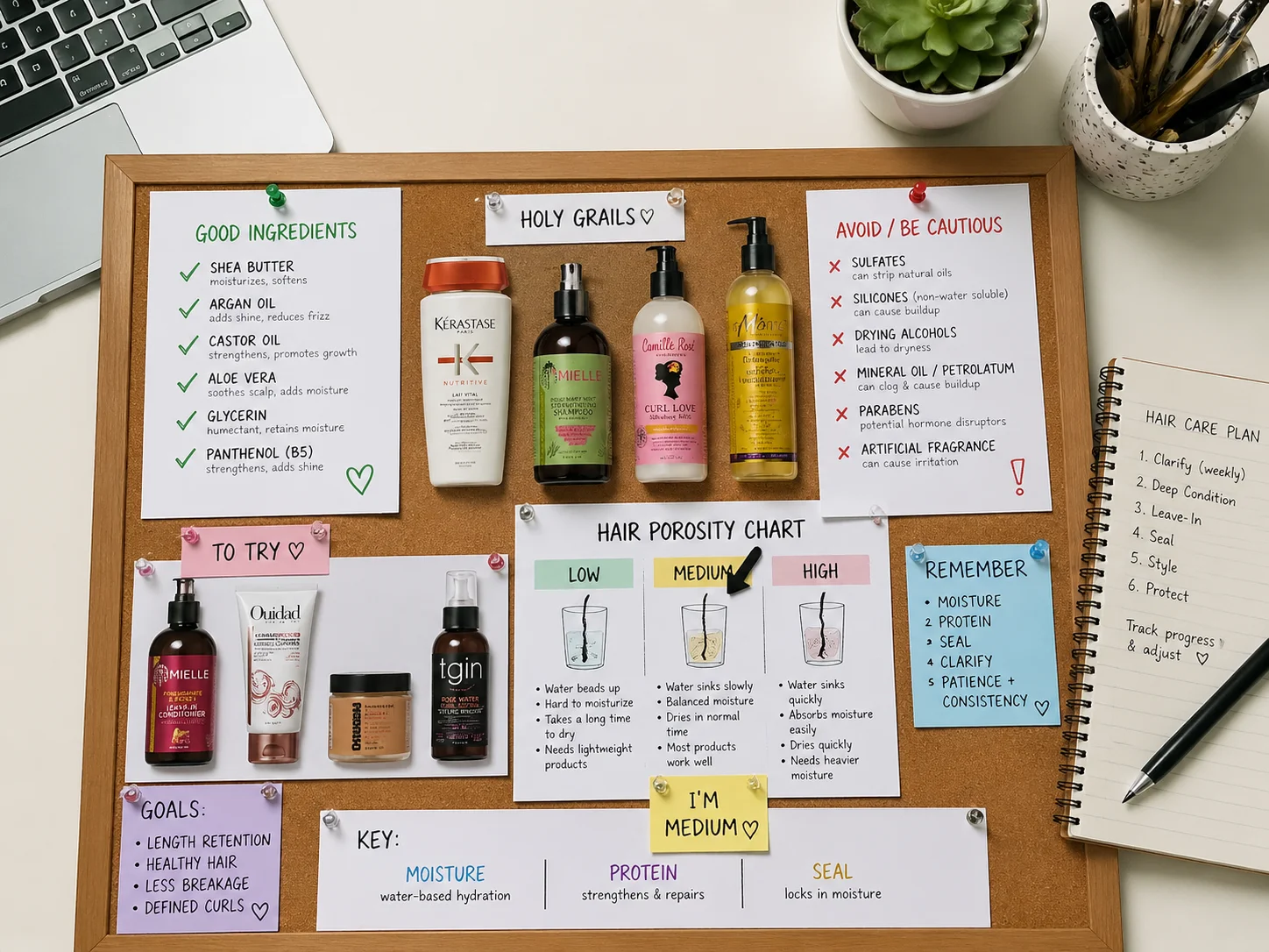 Product ingredient education board with porosity chart and lists