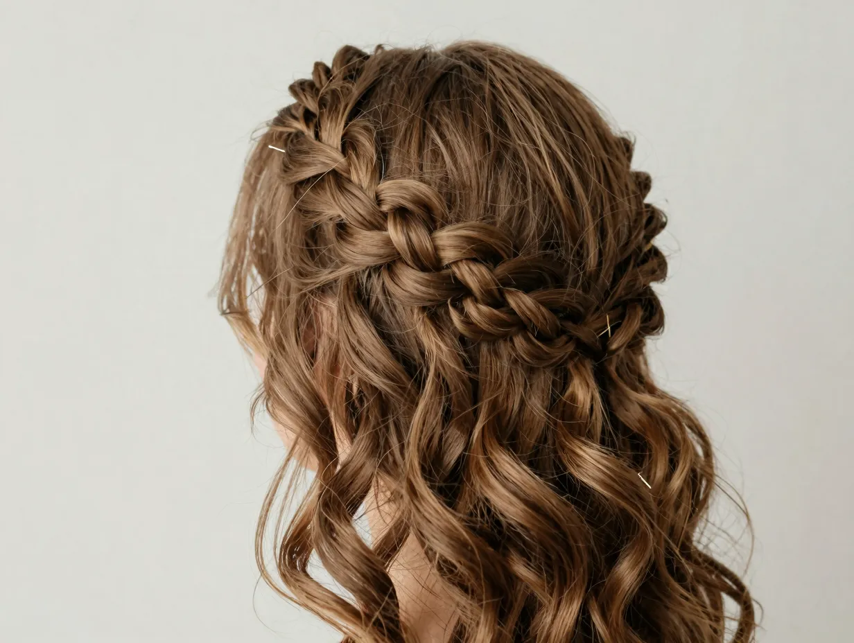 Romantic crown braid halo updo on medium length wavy hair