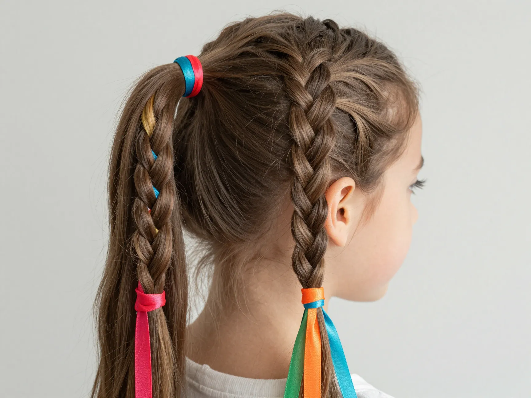 Simple braided ponytail with a colorful ribbon woven through it