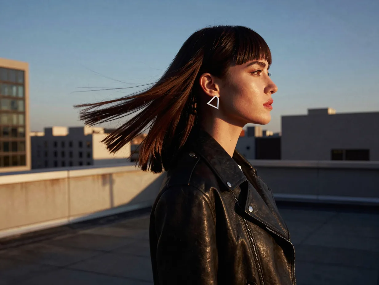 Woman with asymmetrical mid length haircut on city rooftop