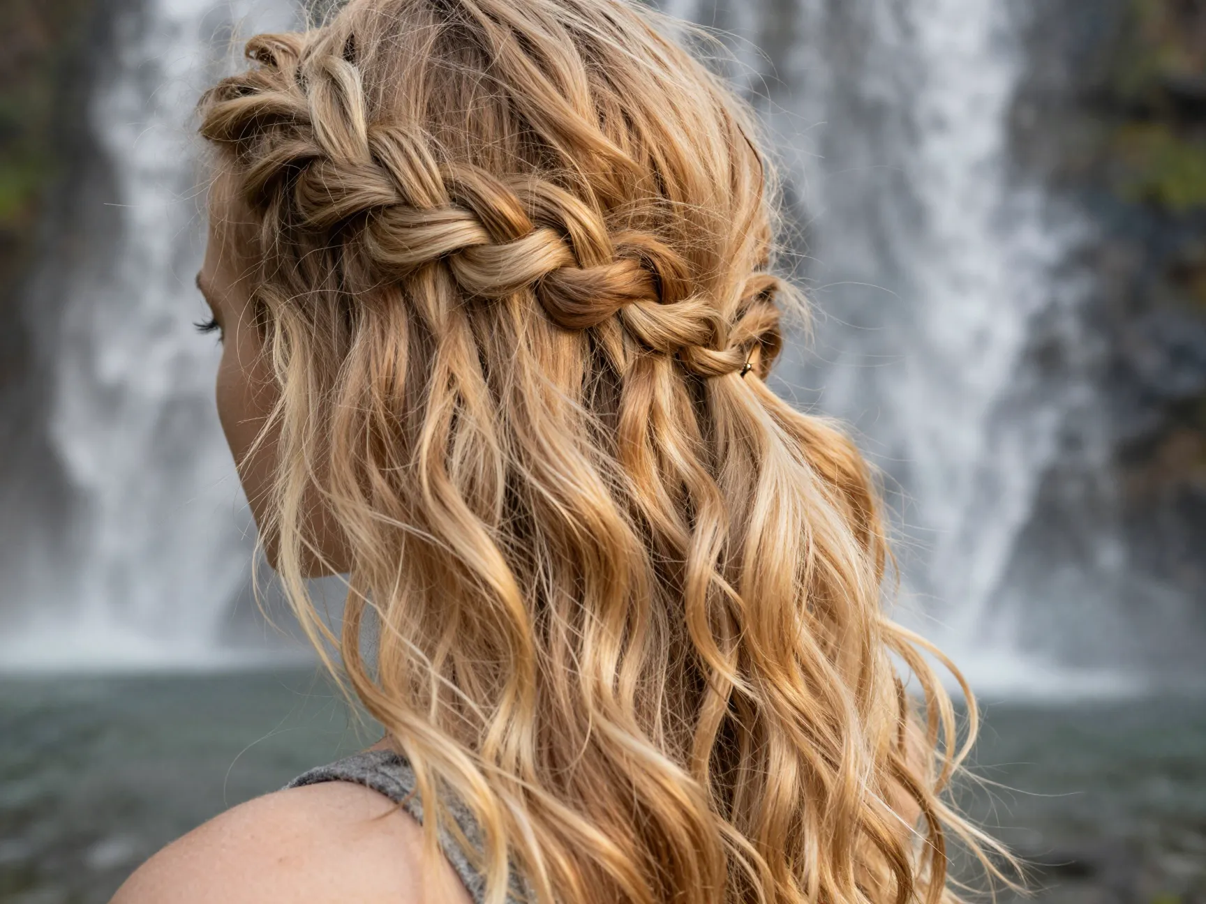 Bohemian waterfall braid with cascading waves across the temple