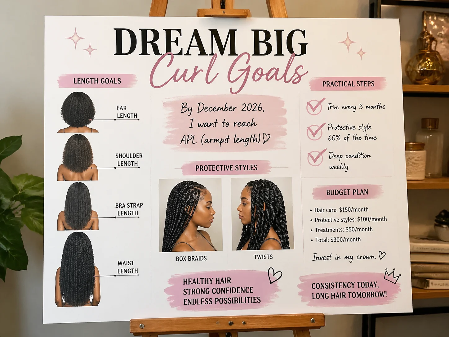 Dream big curl goals board with length chart and protective styles