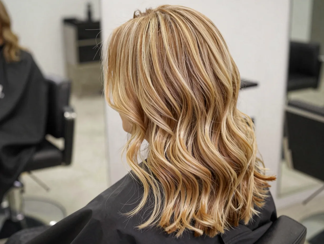 Honey blonde foilayage on light brown base radiant blend