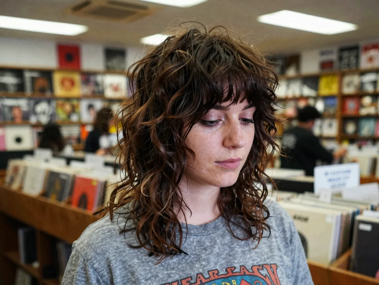 Woman with layered shag haircut in vintage record store