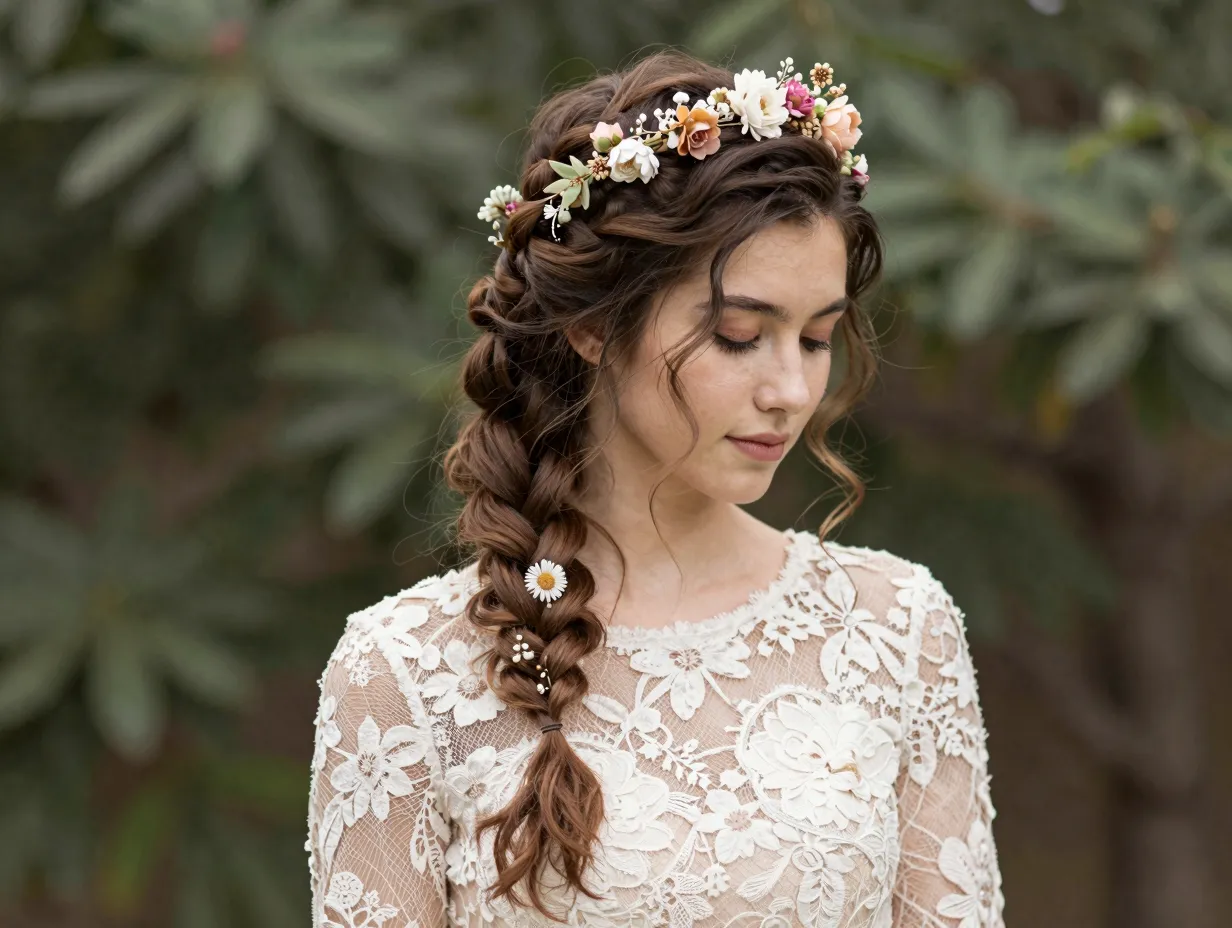Bohemian crown braid with floral pins on lace floral gown