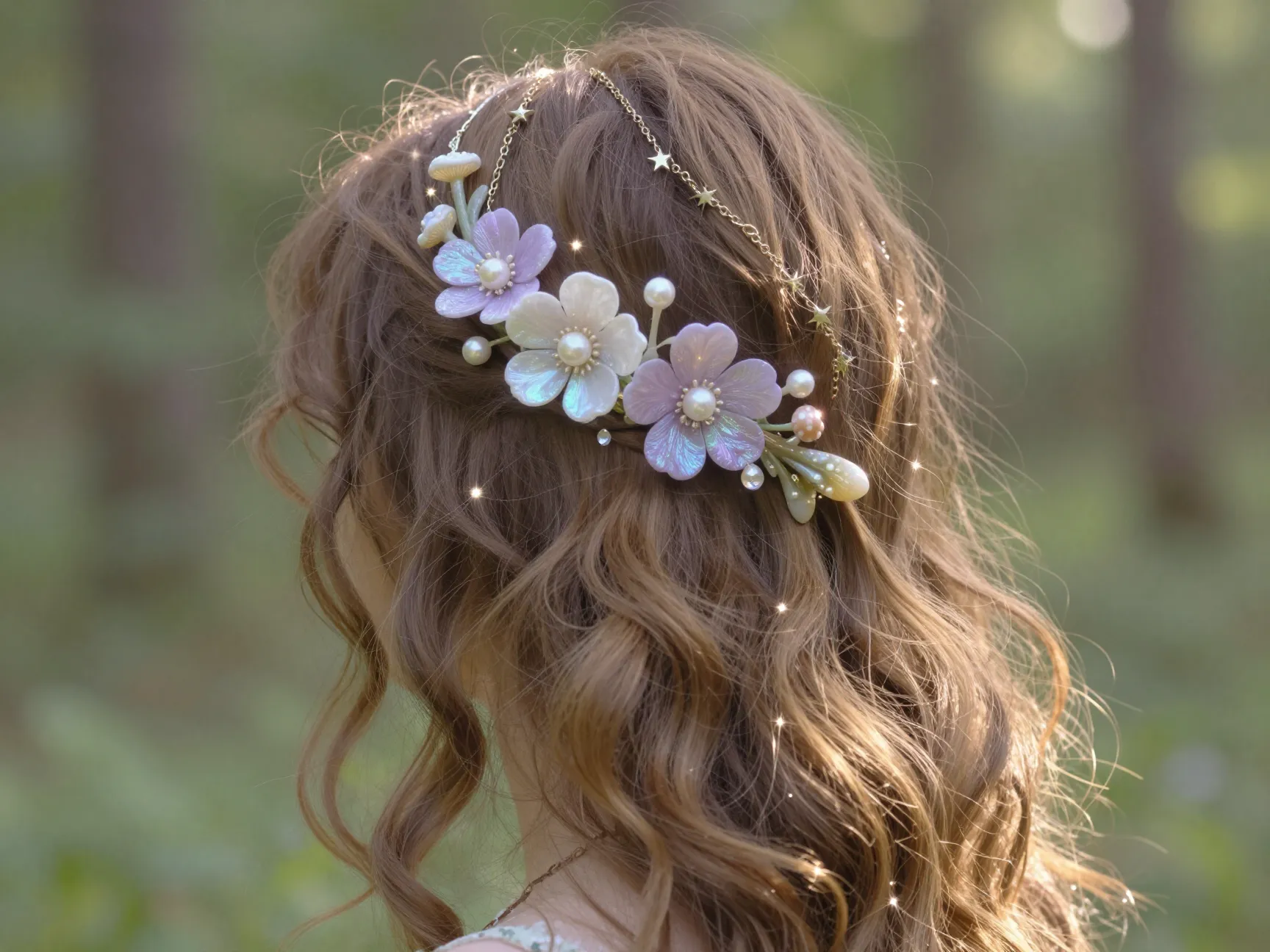 Iridescent fairy garden claw clip half down forest