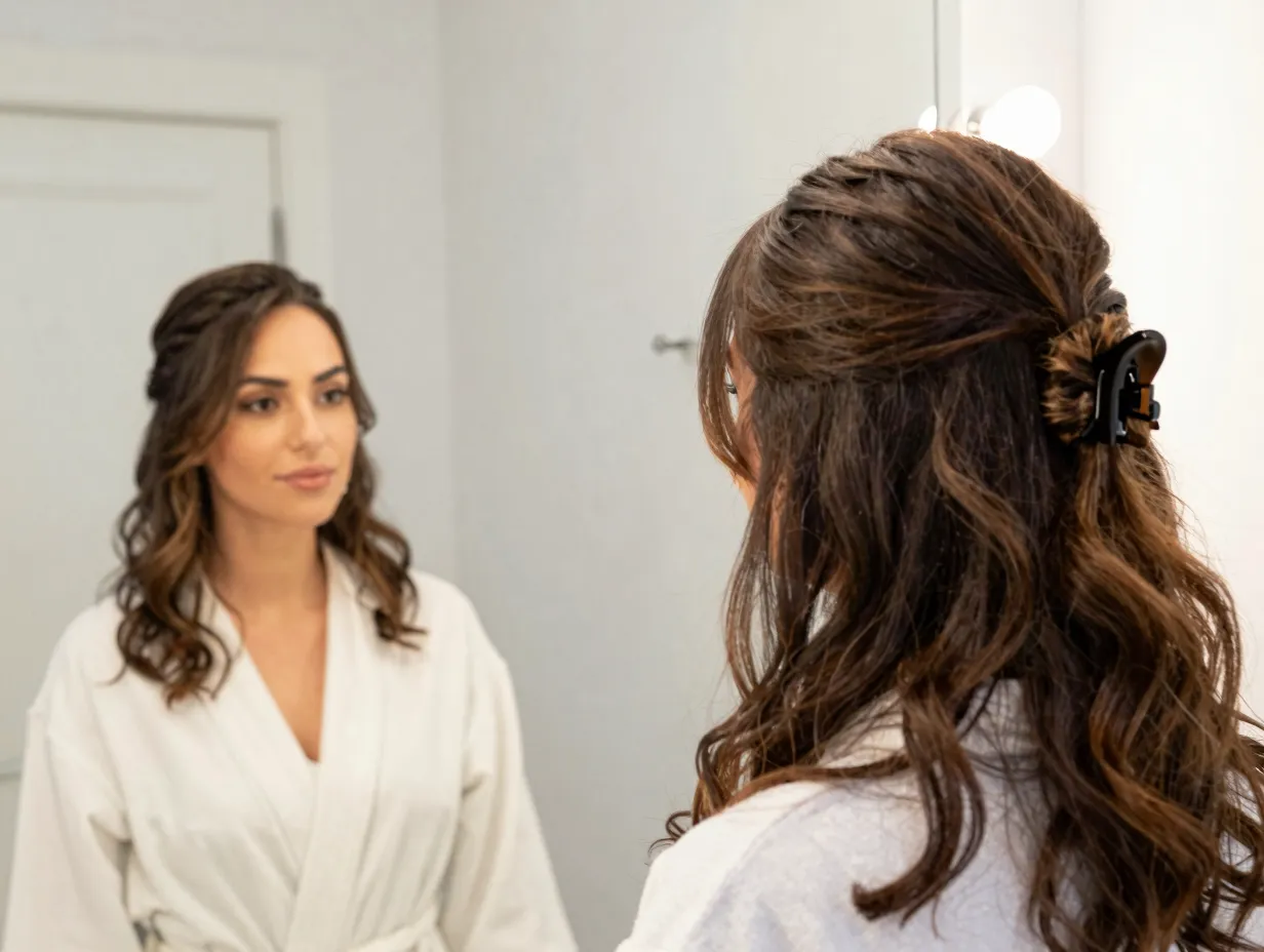 Woman styling sleek half up look in bright bathroom mirror