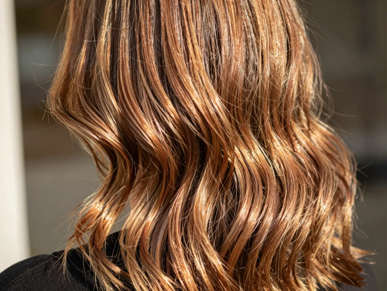 Bronze tinted highlights on light brown hair sun warmed glow