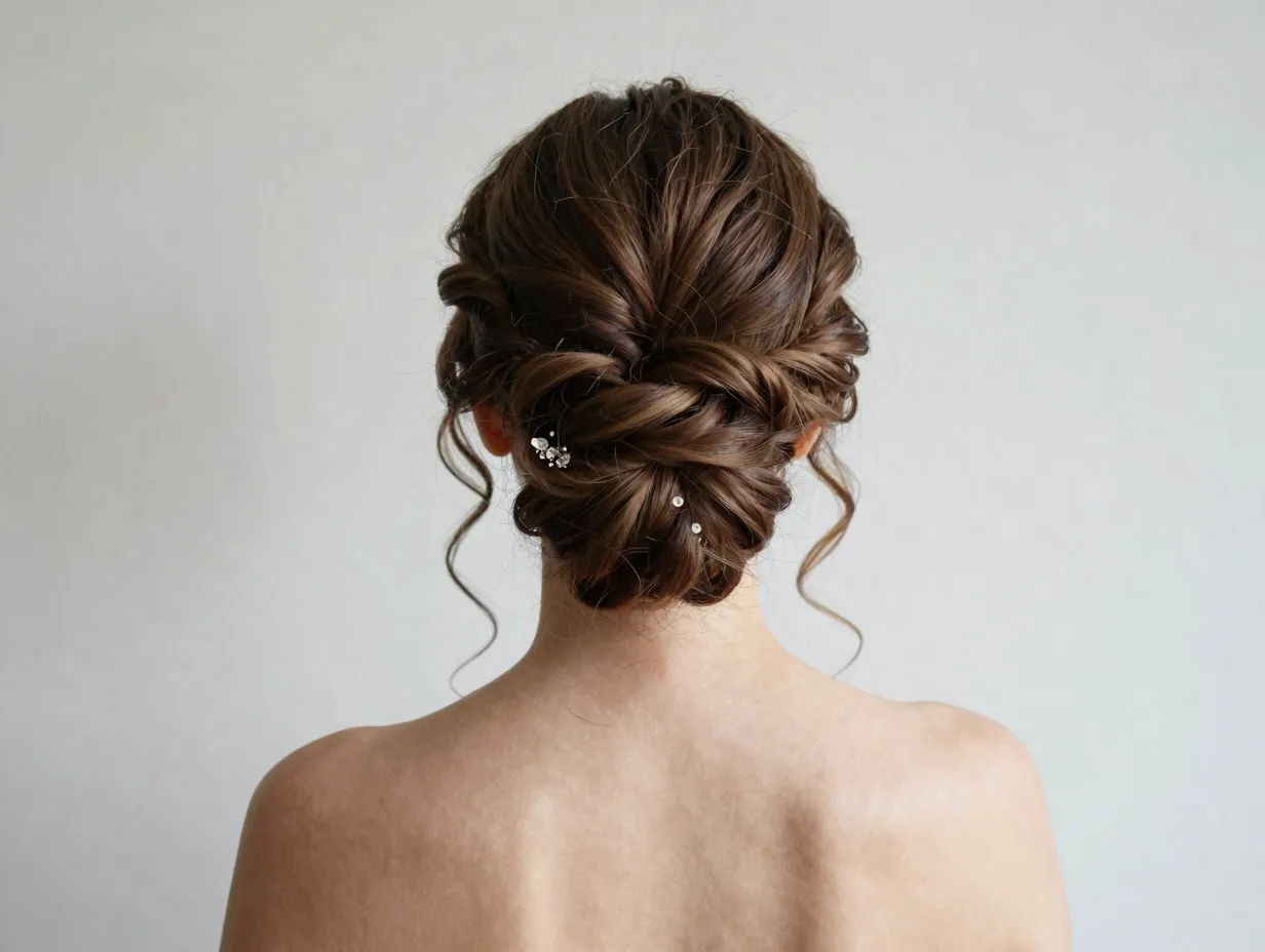 Elegant twisted updo with face framing strands on open back gown