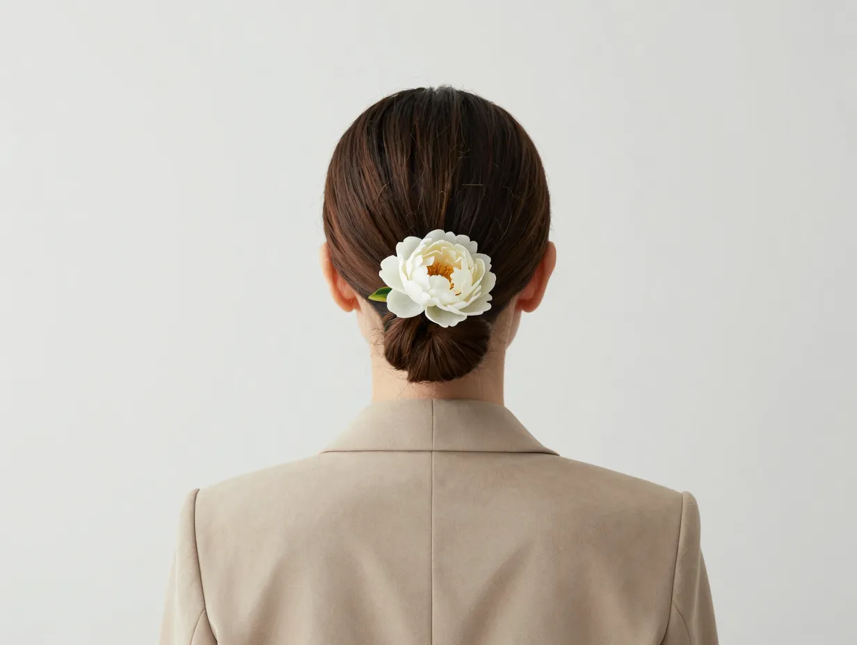 Minimalist single peony claw clip sleek low bun