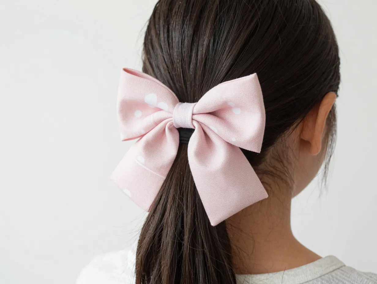 Simple low ponytail transformed with a large oversized patterned bow