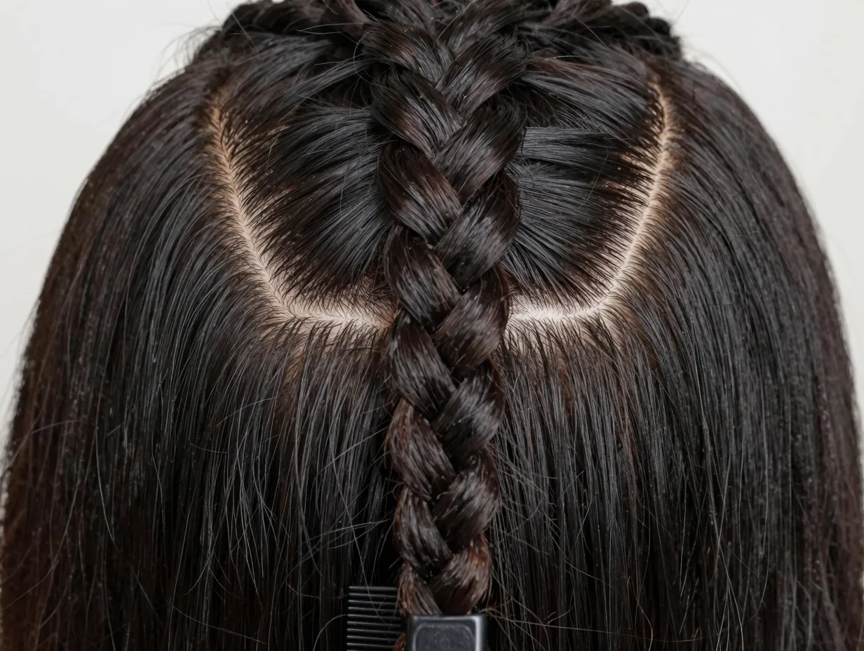 Single neat box braid section with clean square part on textured hair