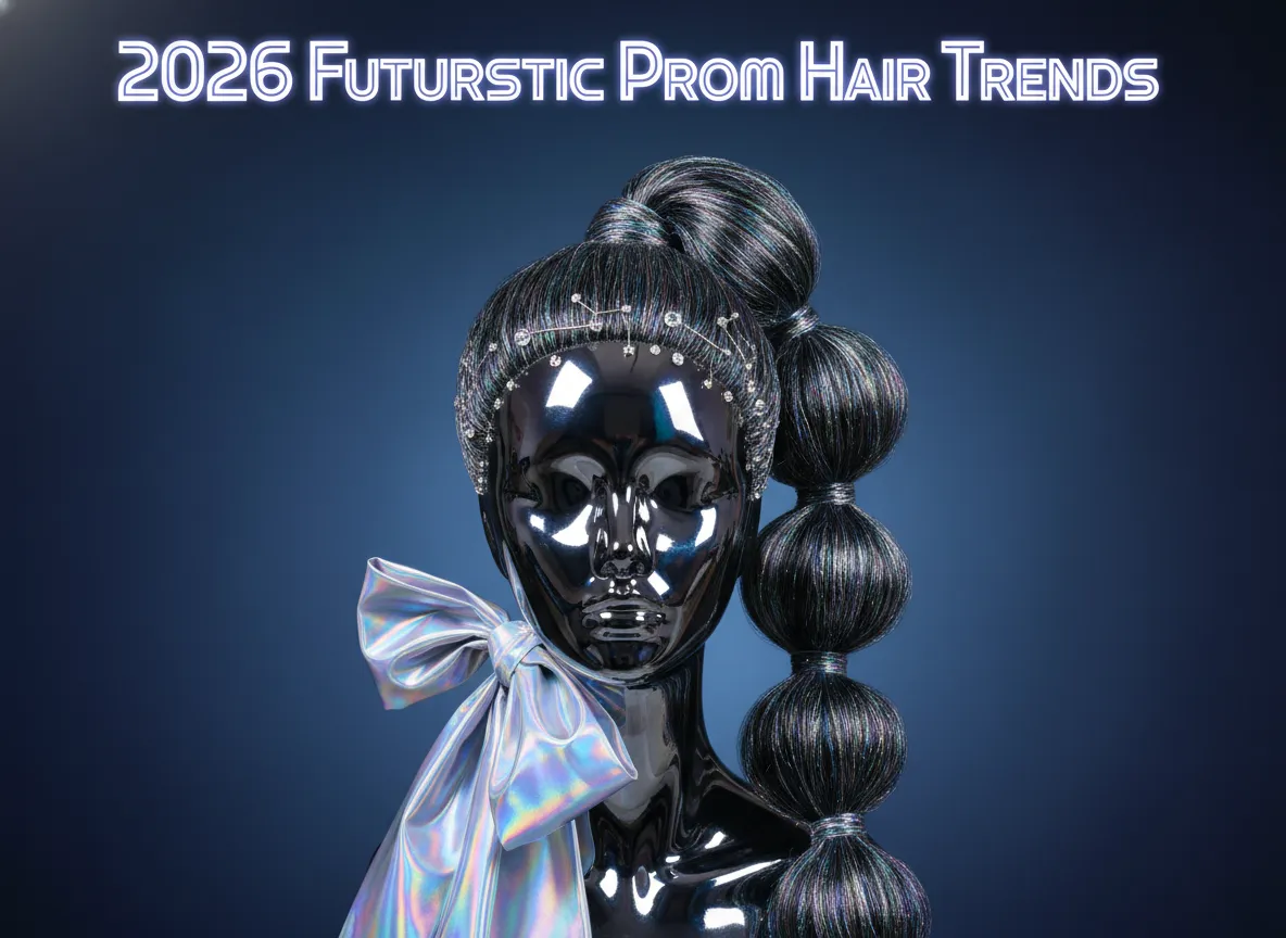 Glossy bubble ponytail holographic bow crystal pins futuristic prom hair