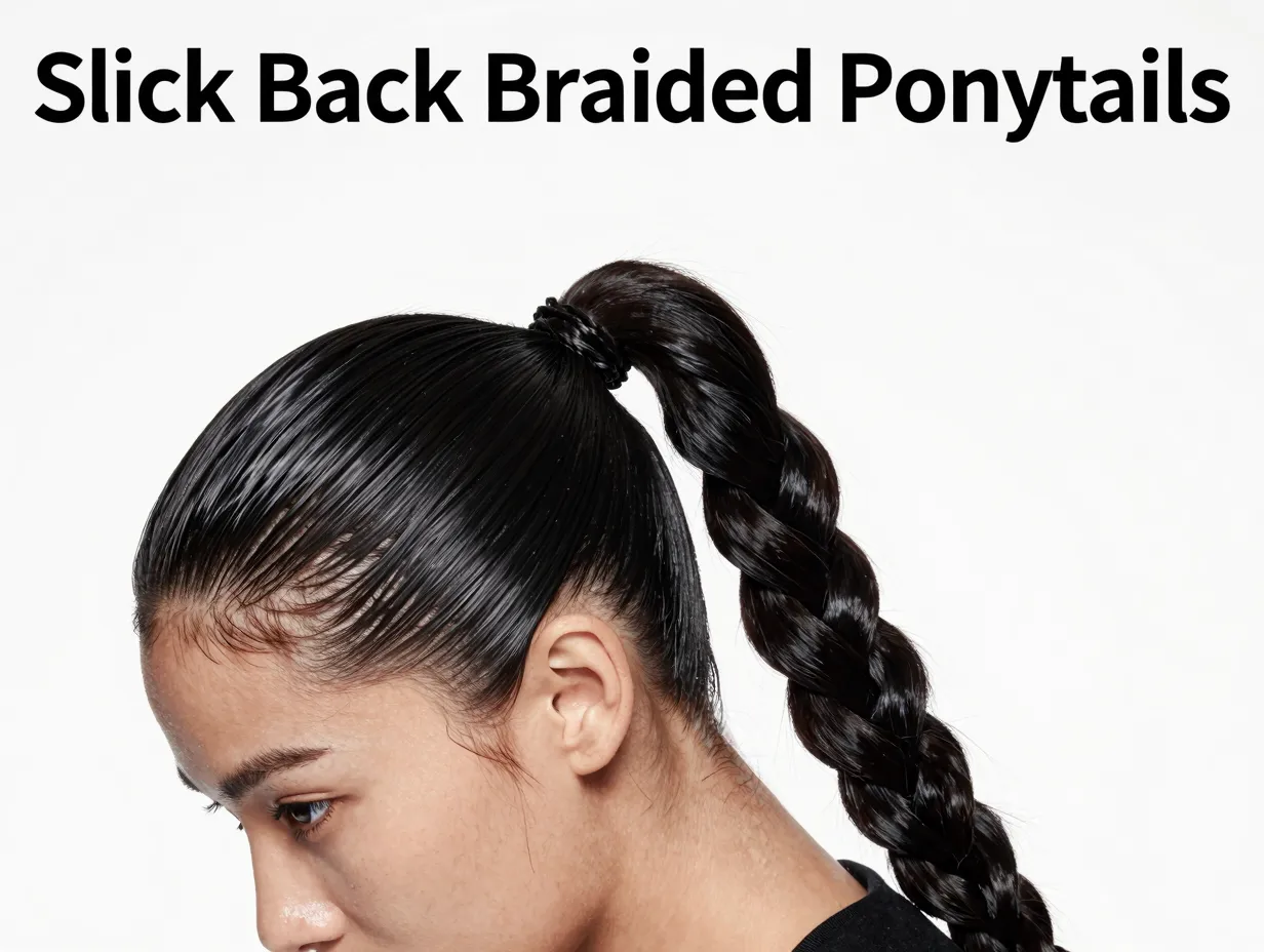 Glossy slicked black hair artistic pancaked braid high ponytail fashion model