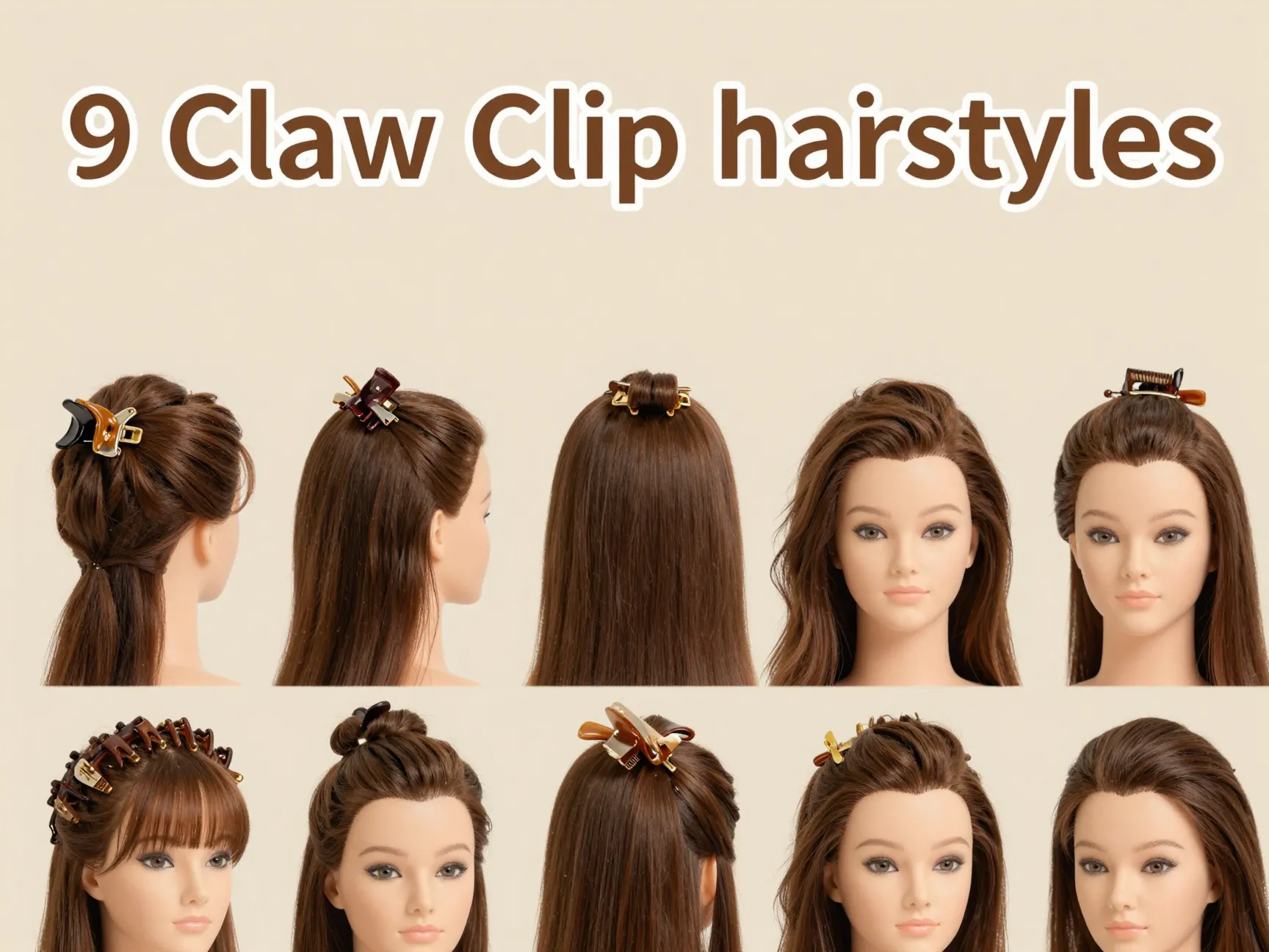 Nine elegant half up claw clip hairstyles flat lay tutorial guide