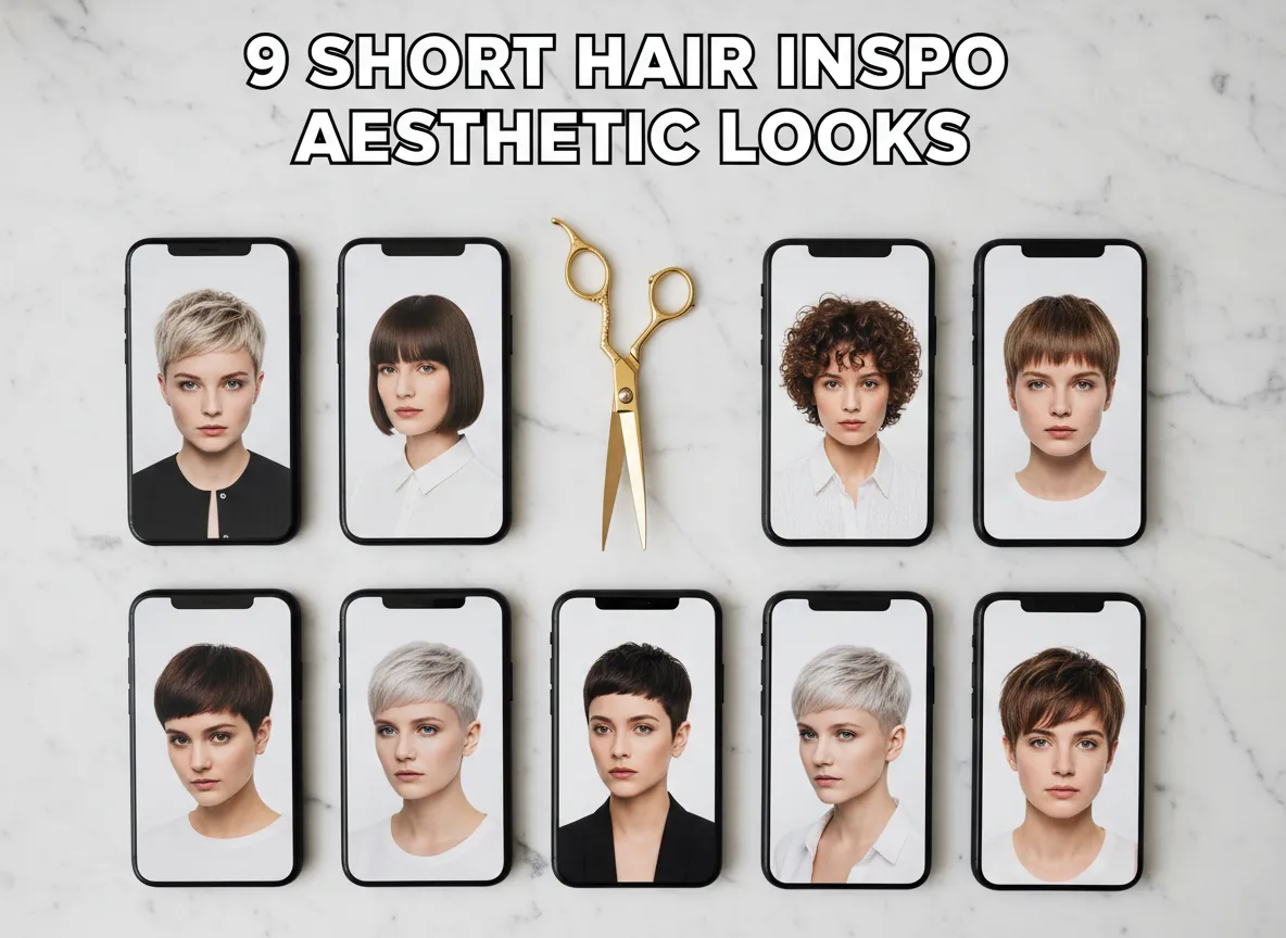 Nine smartphone screens flatlay short haircuts scissors marble surface
