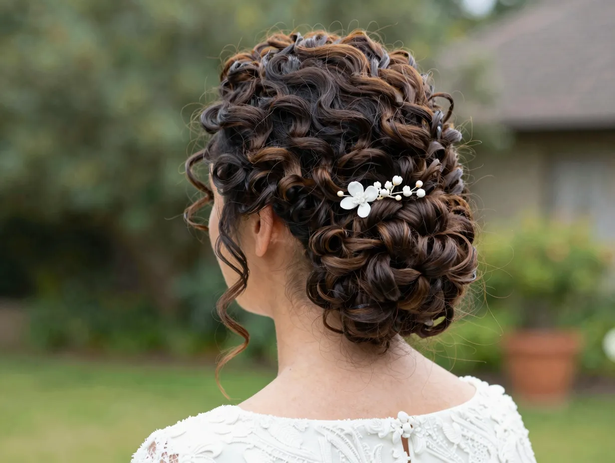 Bride with voluminous curly bun floral pin at garden wedding