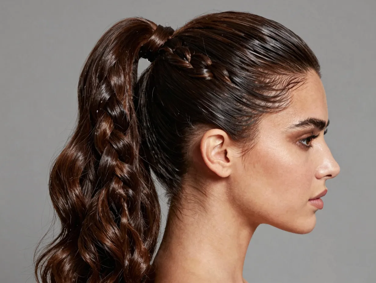 Classic french braid slicked back polished high gloss ponytail on wavy hair