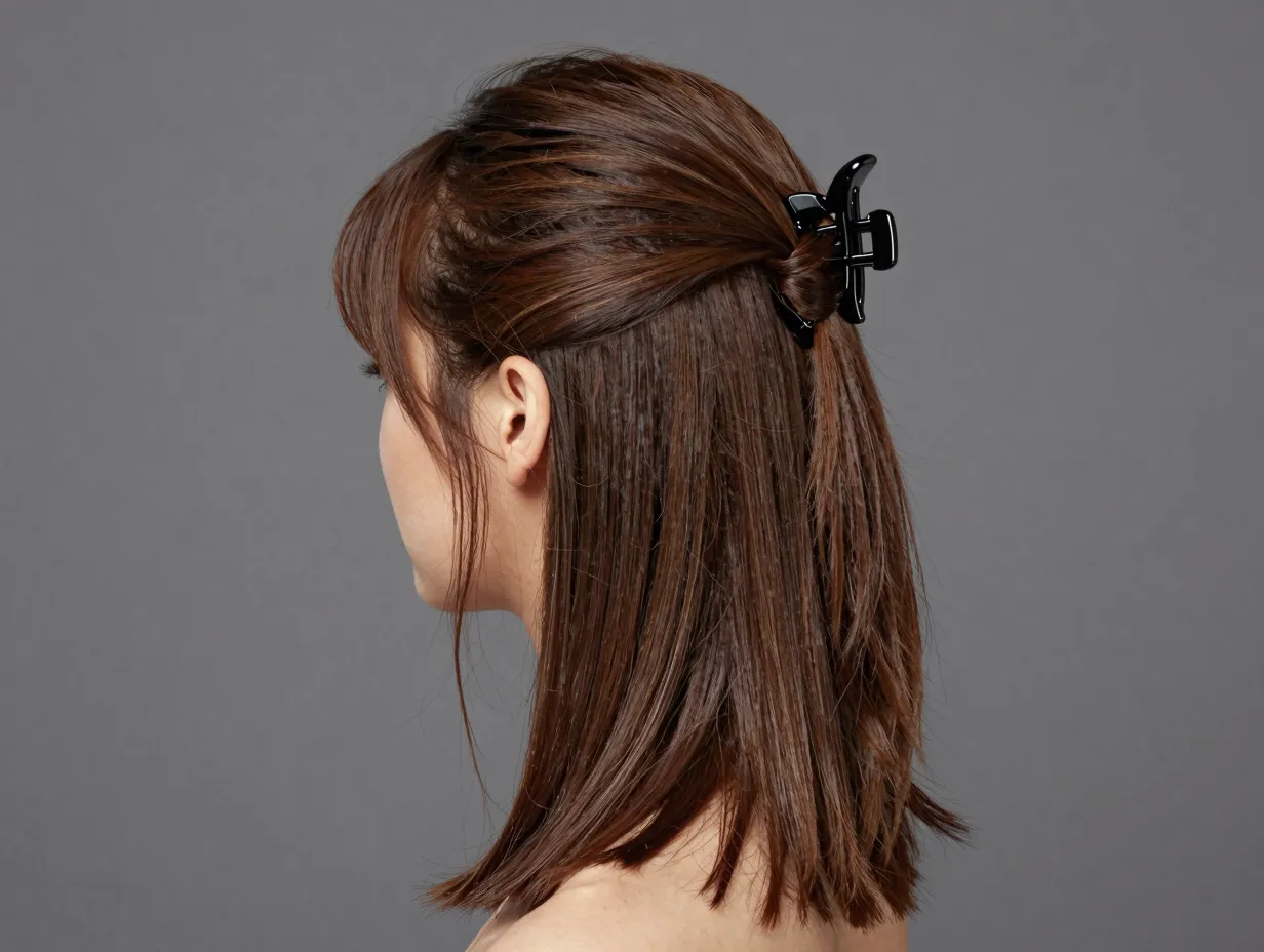 Classic twist half up hairstyle secured with black claw clip