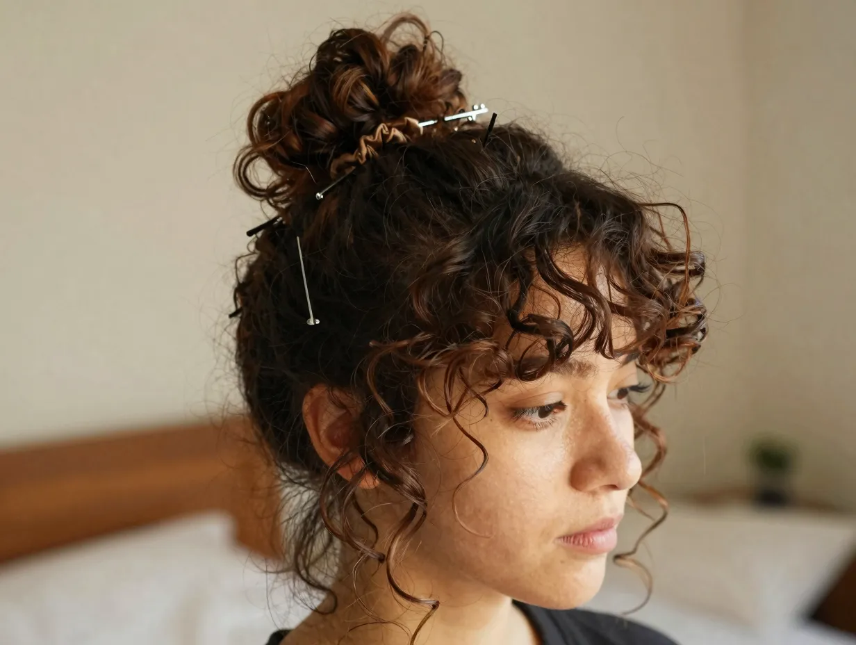 Messy curly high bun with bobby pins and loose face tendrils