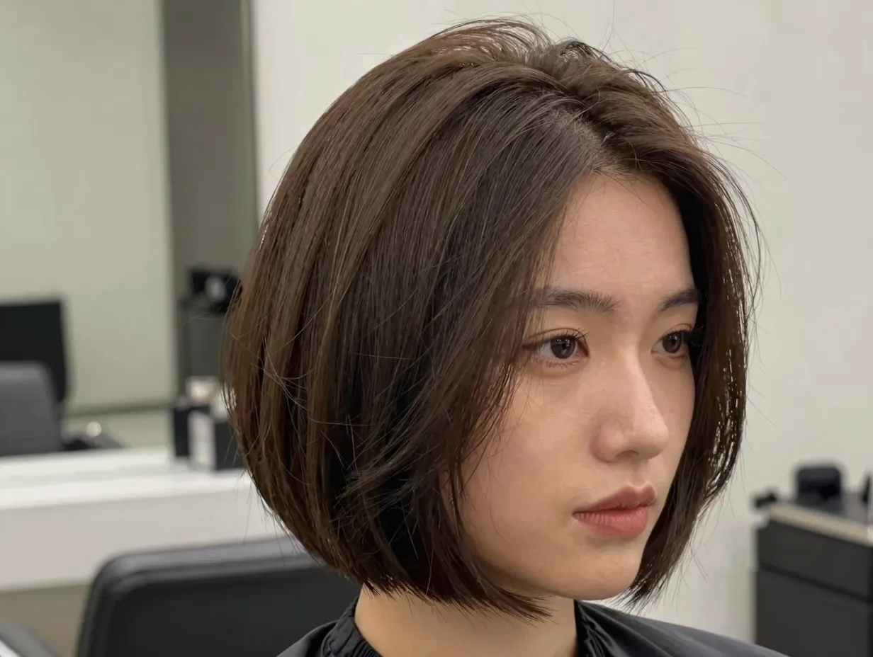 Mushroom brown short hair on textured bob in salon