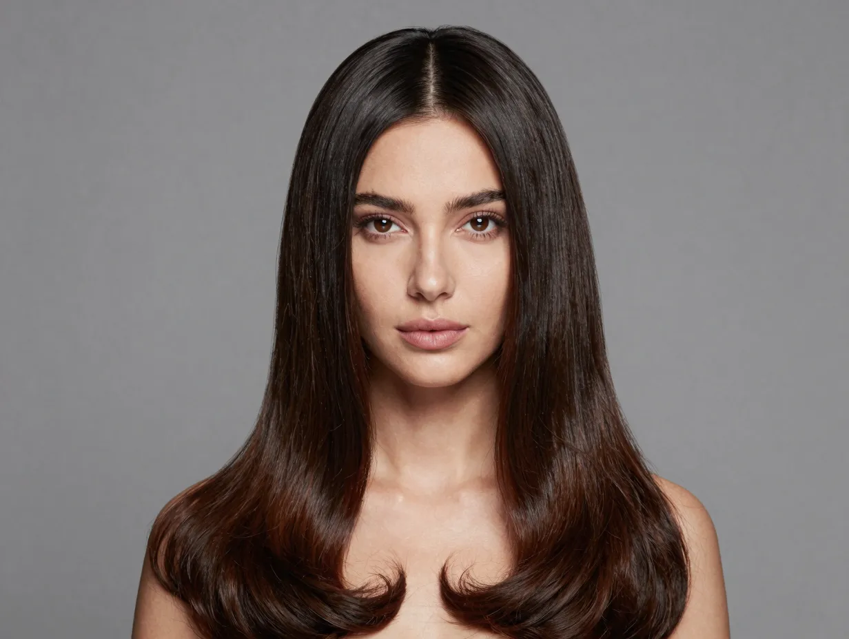 Sleek center part blowout on straight to wavy thick hair