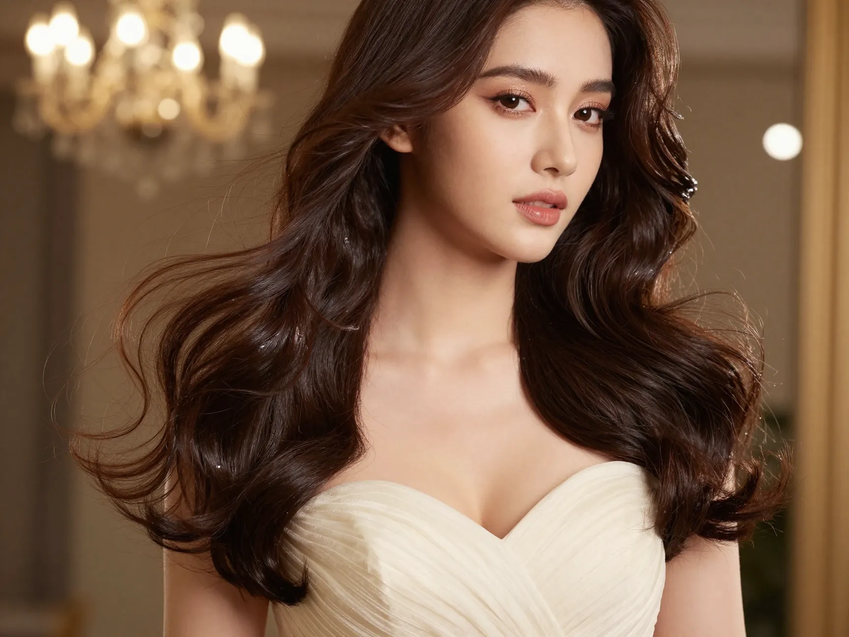 Soft glam waves cascading on woman in sweetheart dress venue lighting