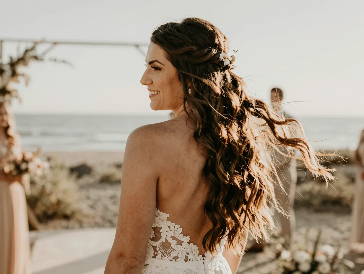 Boho bride with half up half down loose waves outdoor wedding