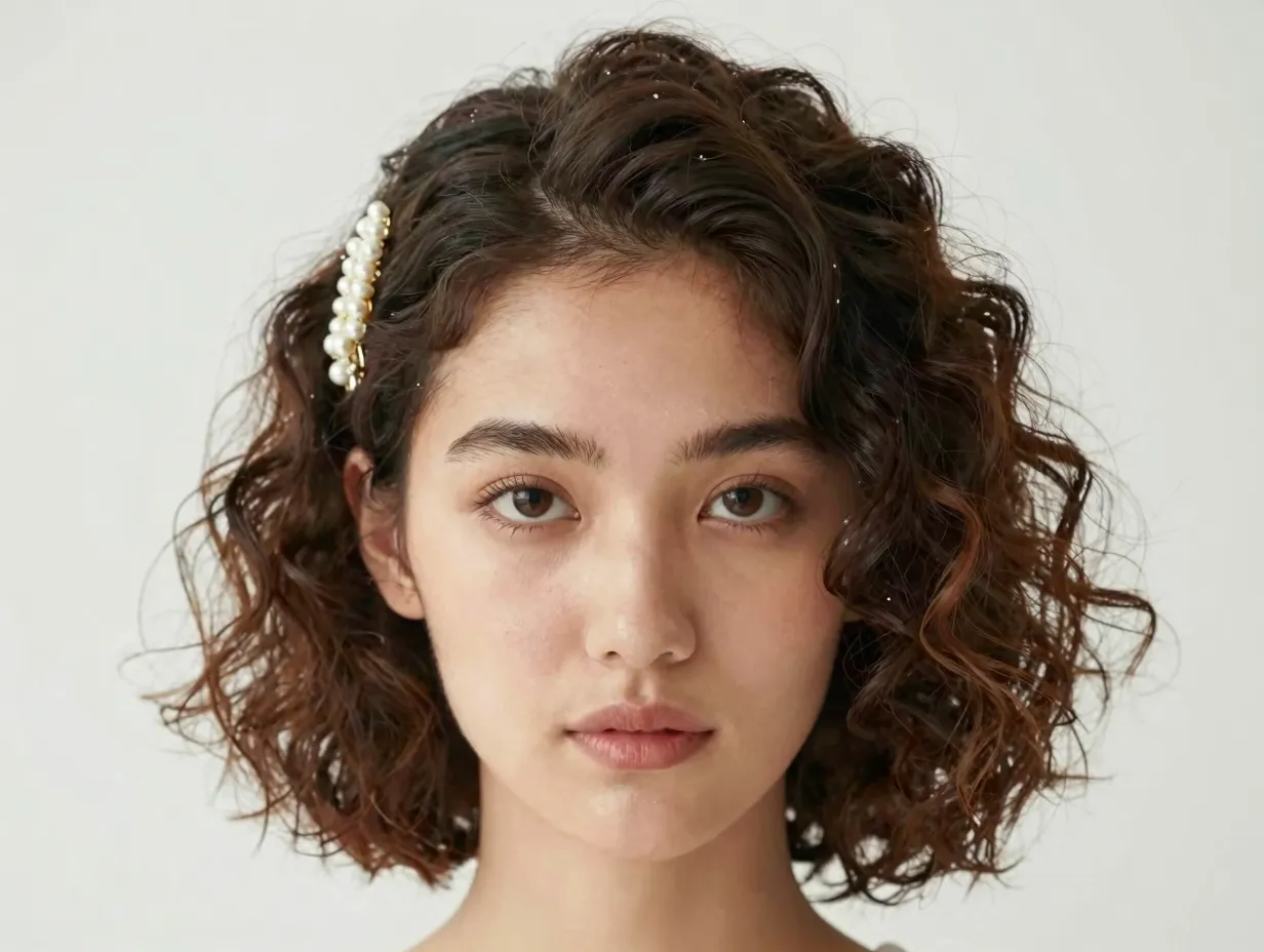 Chic half up curly hair secured with a decorative pearl barrette