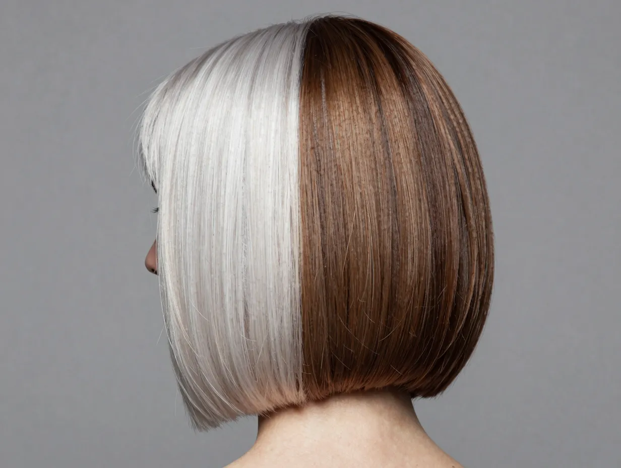 Dimensional platinum bob with natural brunette base contrast
