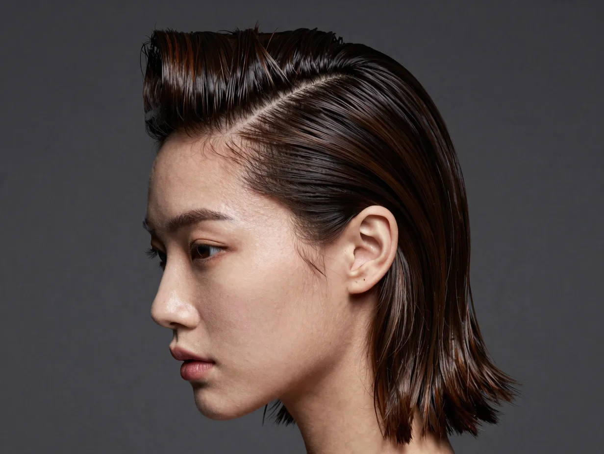 Dramatic deep side part with sleek fashionable finish