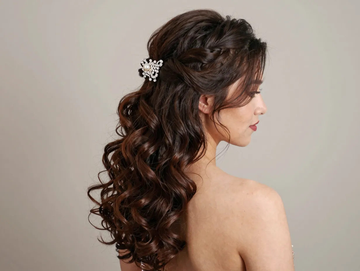 Half up half down hairstyle with crystal clip and flowing curls