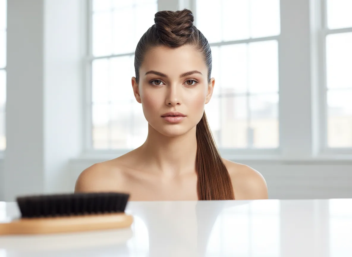 High crown slicked back braid ponytail with glossy sides on oval face
