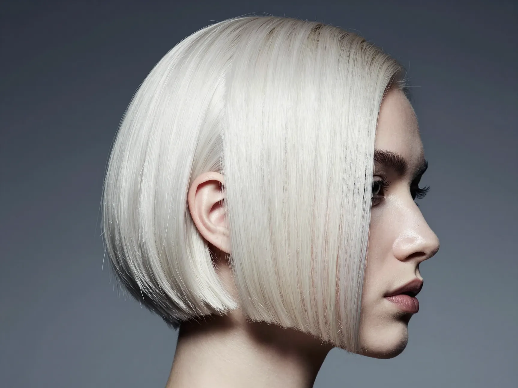 Platinum blonde geometric bob with high contrast
