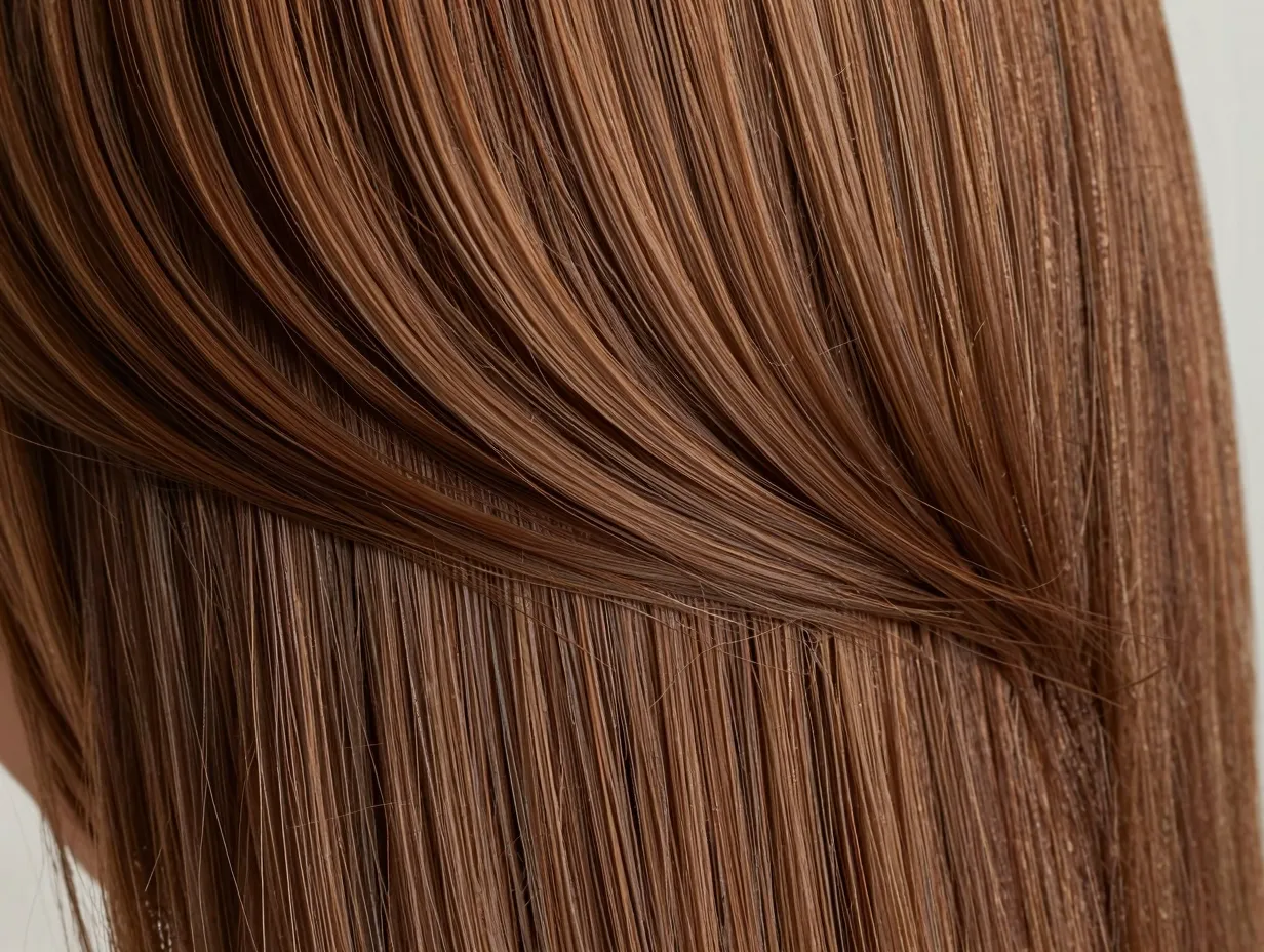 Seamlessly blended layers from compound cutting on straight unstyled hair