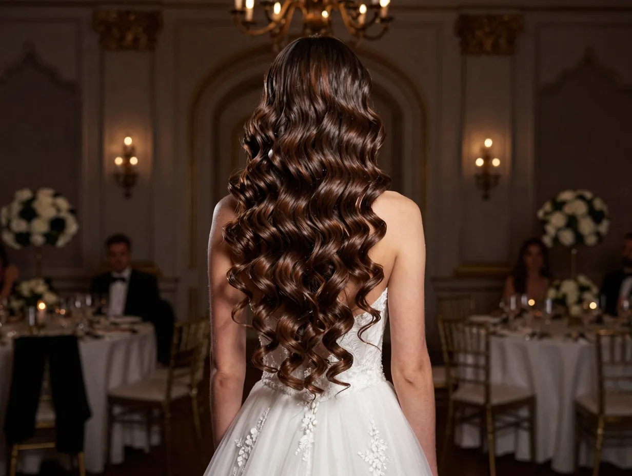 Glamorous bride with cascading curls at black tie ballroom wedding