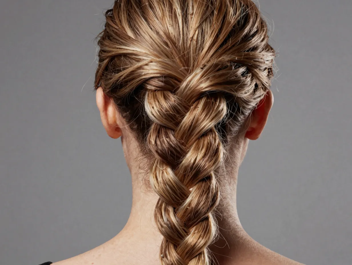 Pancaked braid ponytail pulled apart for full dramatic editorial dimension