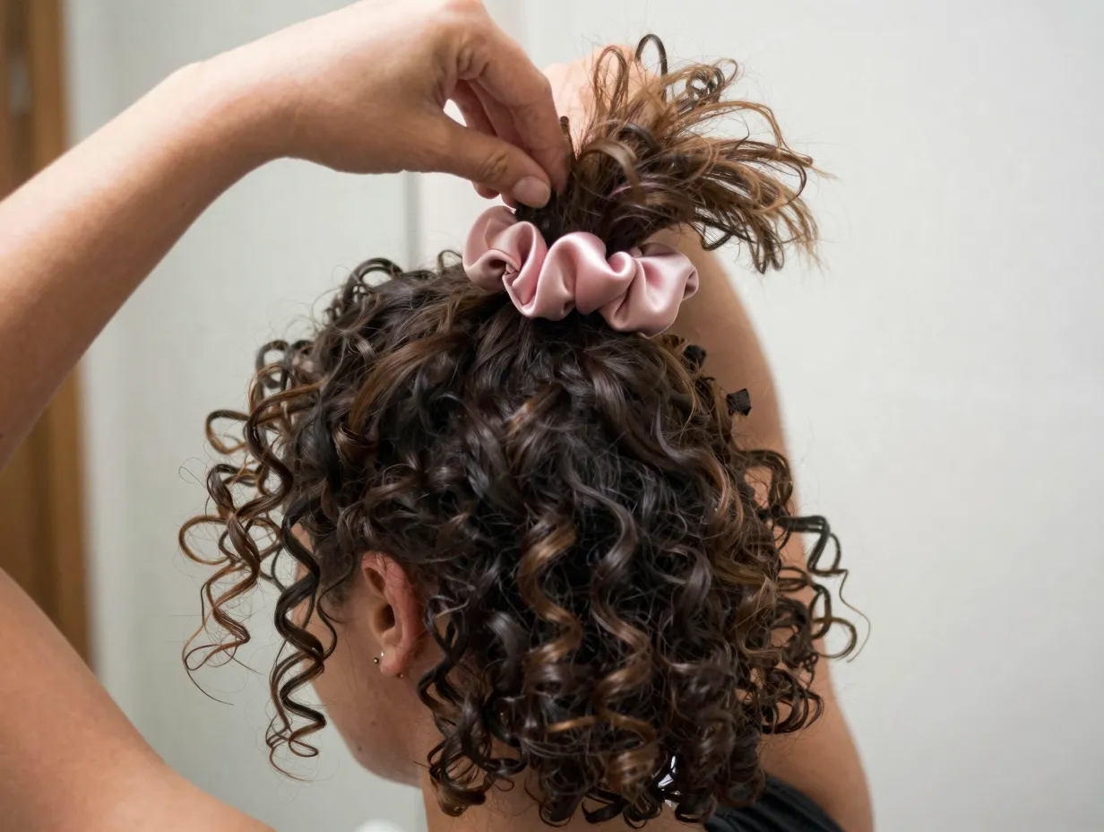 Pineapple hairstyle with silk scrunchie on upside down curly hair