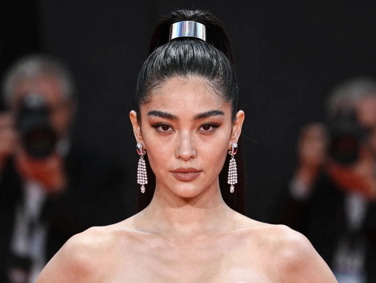 Sleek high ponytail with chrome cuff on woman wearing chandelier earrings