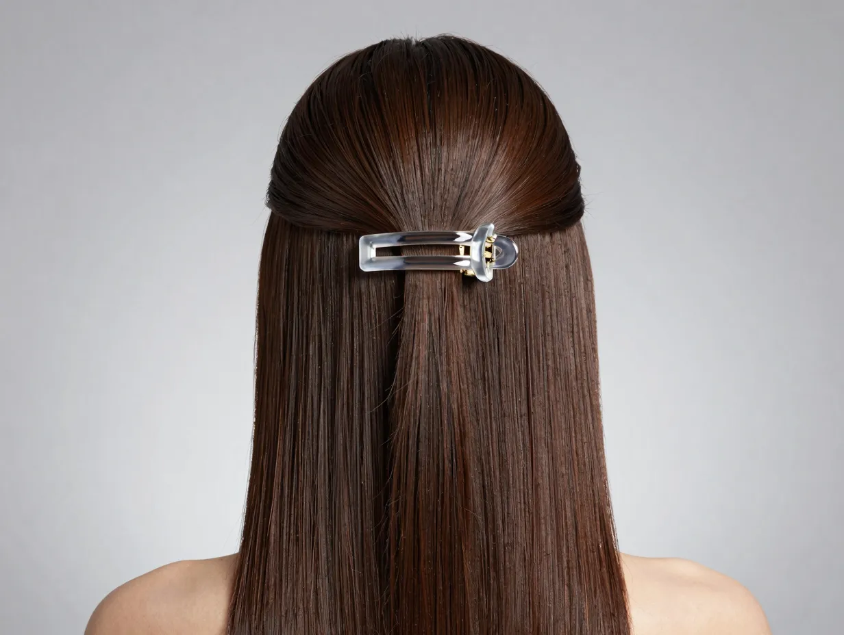 Sleek top section pull back hairstyle with large horizontal claw clip