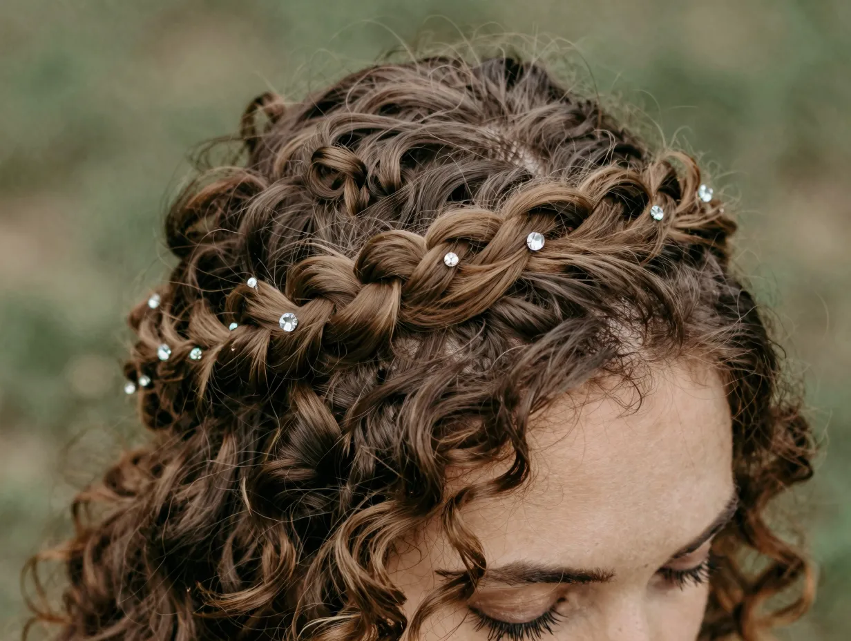 Braided crown hairstyle with crystal pins on textured hair