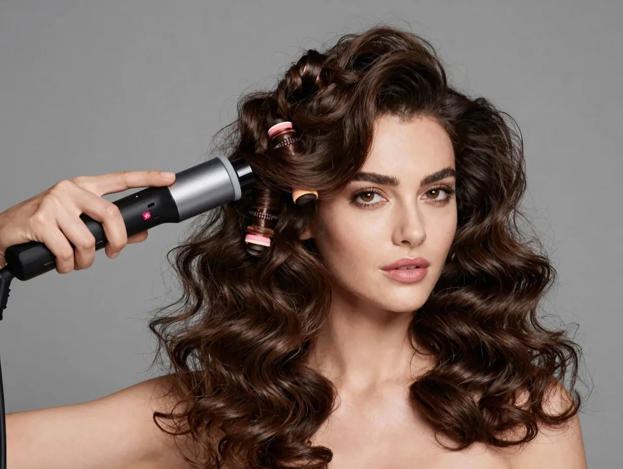 Glamorous bouncy curls created with curling wand on thick hair